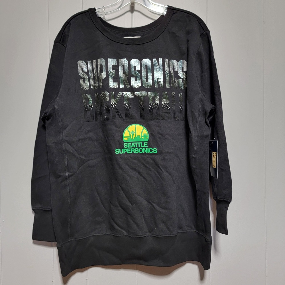 G-III 4her Seattle Supersonics Basketball Rhinestone Sweatshirt Black Large NEW